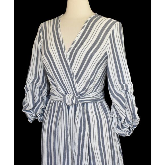 Vintage Y2K Max Studio Blue Stripe Day Dress, Faux Wrap Bodice, New with Tags S - Picture 5 of 9